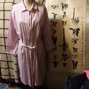 City Streets Large, long sleeved midi shirt dress with belt. Front buttons